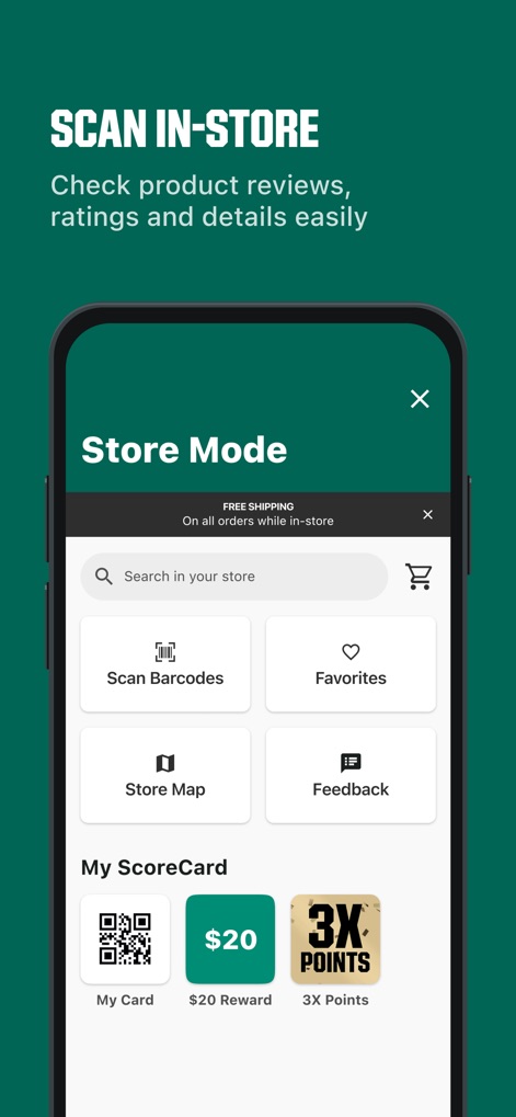 DICK’S Sporting Goods - The "Store Mode" offers practical tools like "Scan Barcodes" for product details and a "Store Map" for efficient navigation.