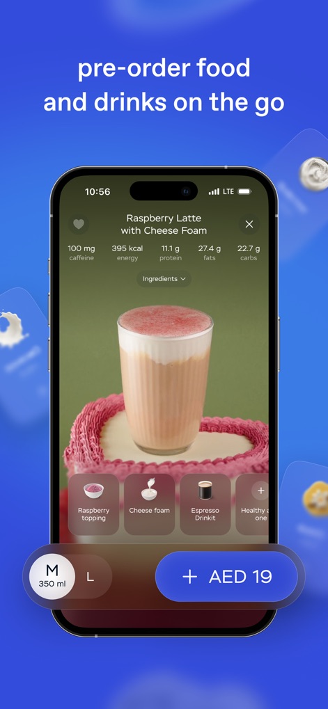 Drinkit — order your coffee - The app provides detailed nutritional data for each drink and allows users to modify ingredients instantly with on-screen buttons.