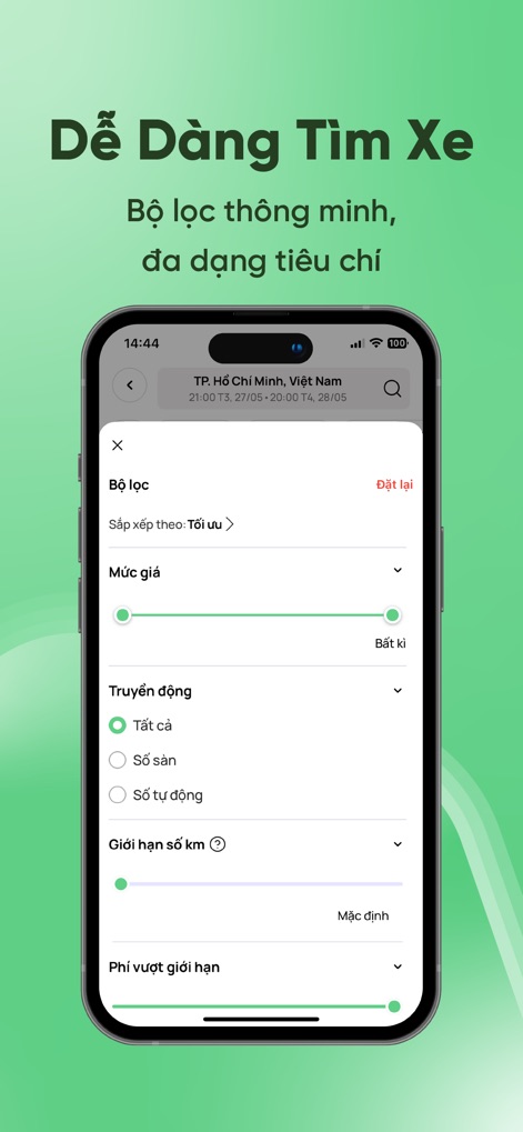 MIOTO - Thuê xe tự lái - The app empowers users with precise filtering capabilities, allowing them to refine searches by "price range" and "transmission type" to quickly find ideal car rental options.