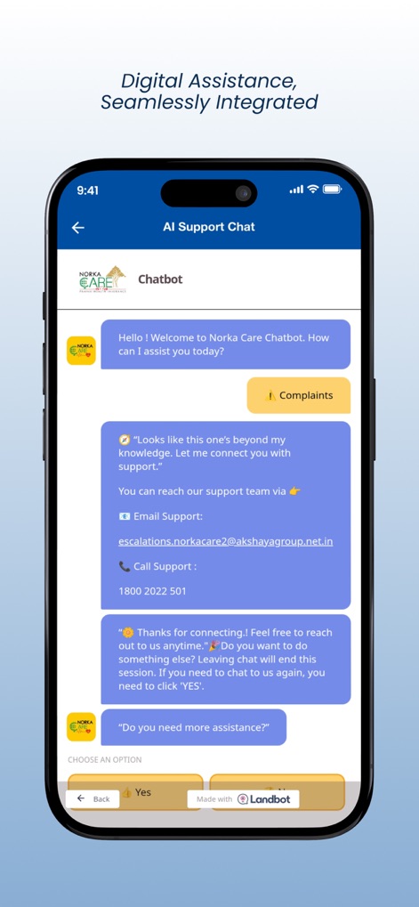 Norka Care Plus - The app integrates an "AI Support Chat" feature, providing immediate assistance and offering direct contact options like "Email Support" and a dedicated "Call Support" number for complex queries.