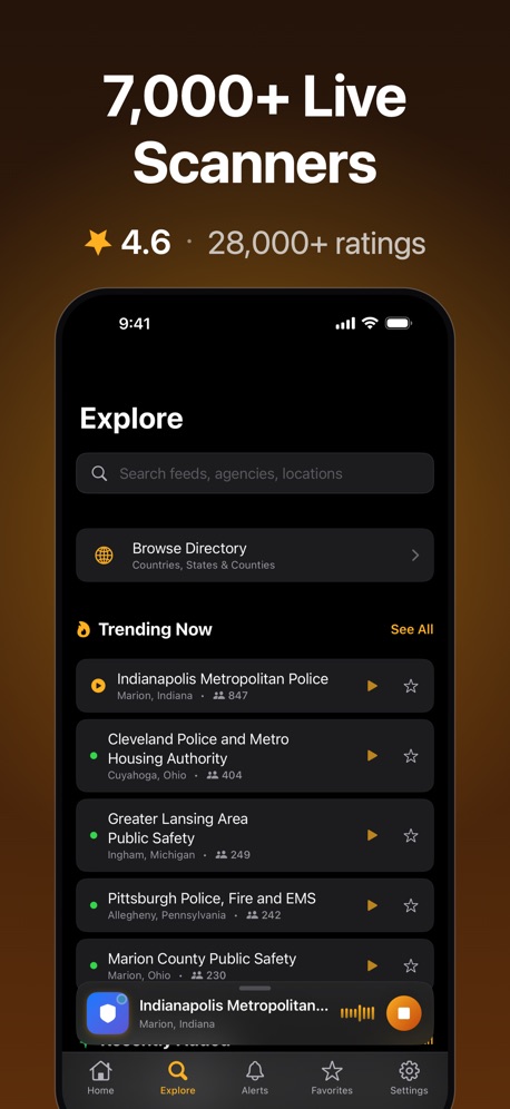 Police Scanner: Crime Radar App Store screenshot 3, headline “7,000+ Live Scanners”. Star rating shown.