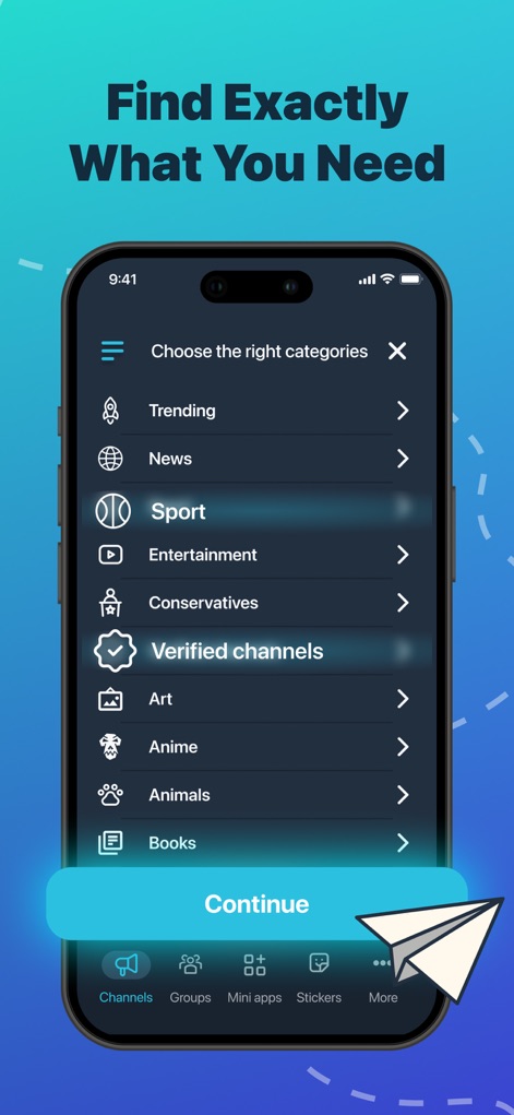 Telegram Channel Hub Group App - Esta interfaz facilita la búsqueda precisa de contenido al permitir a los usuarios filtrar canales por categorías como "Deportes" y localizar "Canales verificados" para asegurar la calidad.