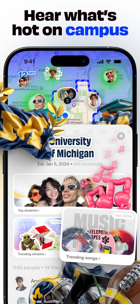 Bump - hang with friends IRL - L'app permette di scoprire cosa è popolare nell'ambiente universitario, con sezioni dedicate a "Trending stickers" e "Trending songs" e un focus sulla "University of Michigan".