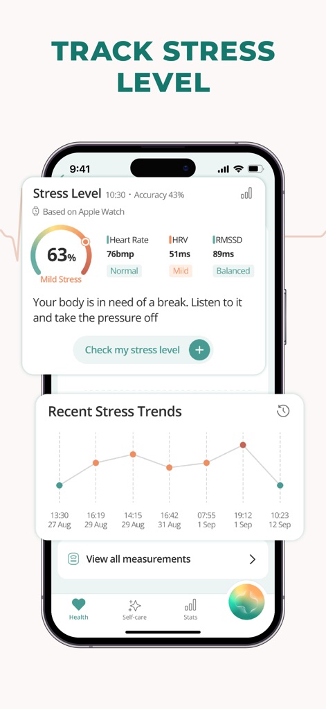 Pulsebit: Heart Rate Monitor - Esta vista detalla el 'Nivel de Estrés' actual en un '63%' y presenta un gráfico de 'Tendencias Recientes de Estrés', permitiendo a los usuarios identificar patrones.