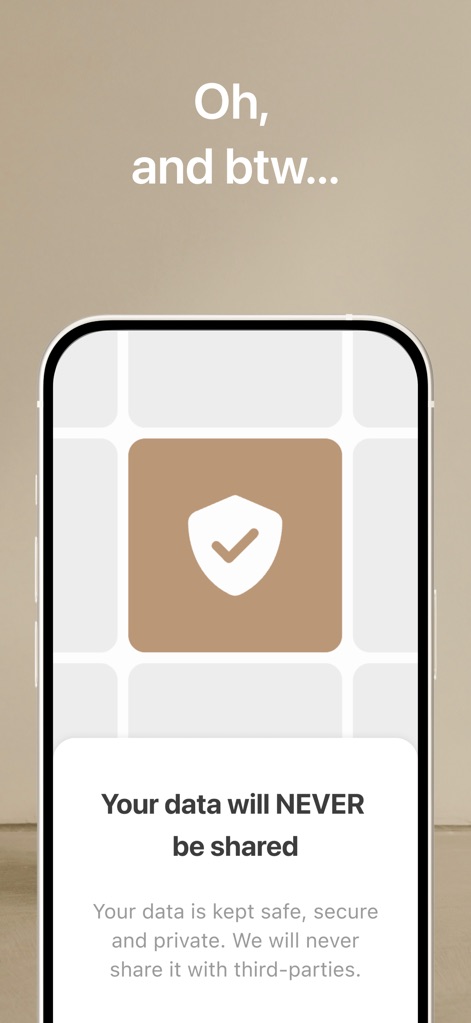 Harmony: Cycle Syncing, Period - The app explicitly guarantees data privacy with a prominent shield icon and a clear statement, assuring users that their data will 'NEVER be shared' with third parties.