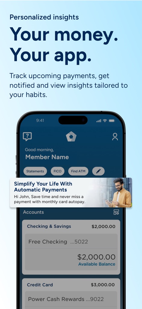 PenFed Mobile - Die Startseite bietet eine personalisierte Begrüßung ("Good morning, Member Name") und liefert proaktive Hinweise wie die Benachrichtigung "Simplify Your Life With Automatic Payments".