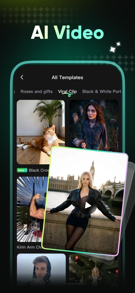 Guma-AI Photo Video Editor - Navigate the extensive "All Templates" section for AI Video creation, including popular "viral clip" options, and preview content with an intuitive "play button" overlay.