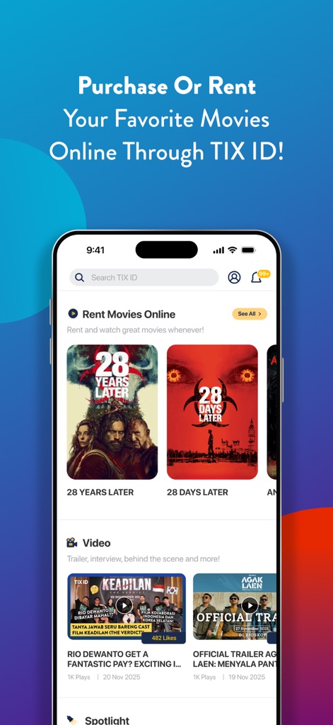 TIX ID - Examine the expansive 'Rent Movies Online' library, presenting diverse movie posters and an integrated 'Video' section for trailers and exclusive content.