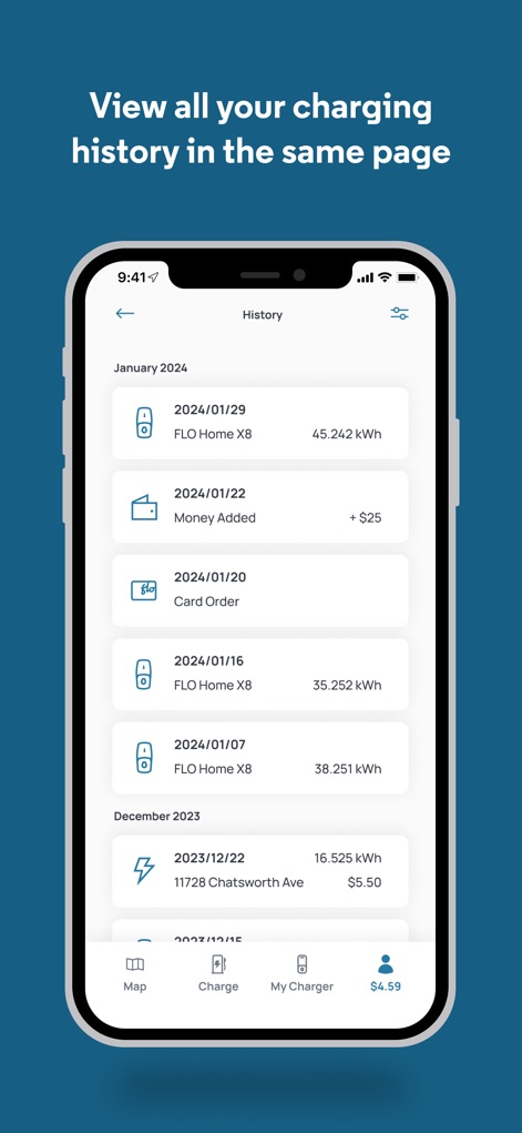 FLO EV Charging - This tool provides a detailed 'History' log of all past charging activities, including specific dates and the corresponding 'energy consumption' for each session.