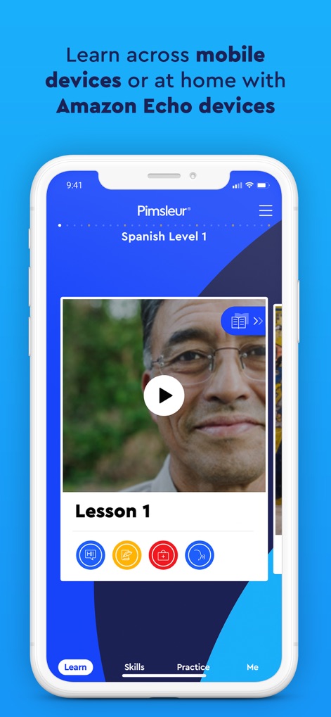 Pimsleur | Language Learning - This screenshot presents a video lesson for "Spanish Level 1," complemented by intuitive navigation tabs at the bottom for "Skills" and "Practice" sections.