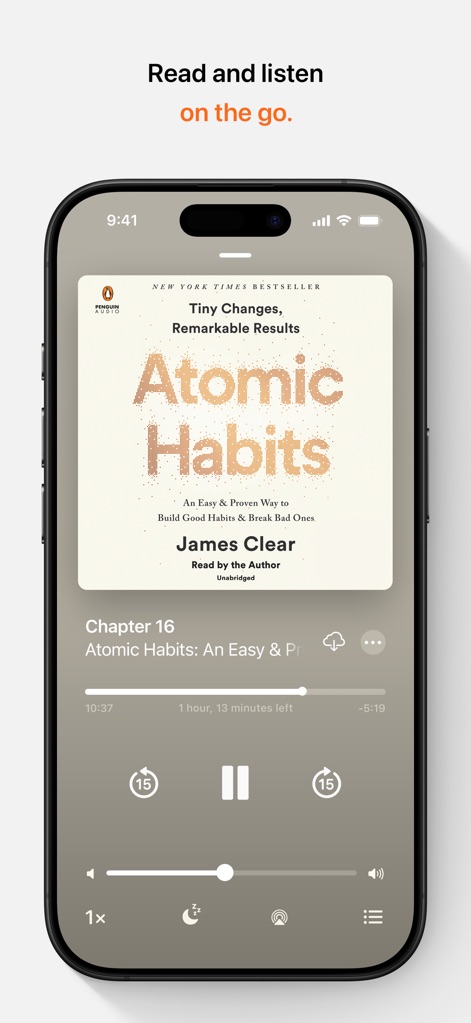 Apple Books - El reproductor de audiolibros permite una escucha fluida con controles de reproducción intuitivos y una clara visualización del progreso de la pista.