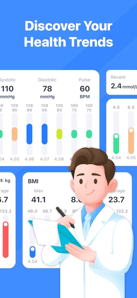 VitalBeat: Blood Sugar Tracker - Los usuarios acceden a gráficos de tendencias para la presión sistólica y diastólica (X) junto con los registros recientes de glucosa (Y), facilitando el seguimiento a largo plazo.