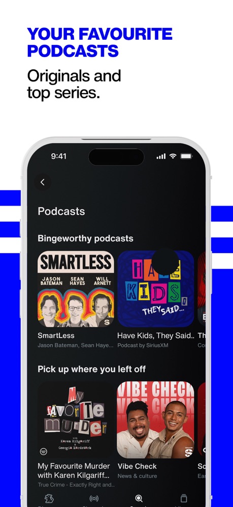 SiriusXM: Music, Sports & News App Store screenshot 5, headline “YOUR FAVOURITE PODCASTS”. Ranking claim.