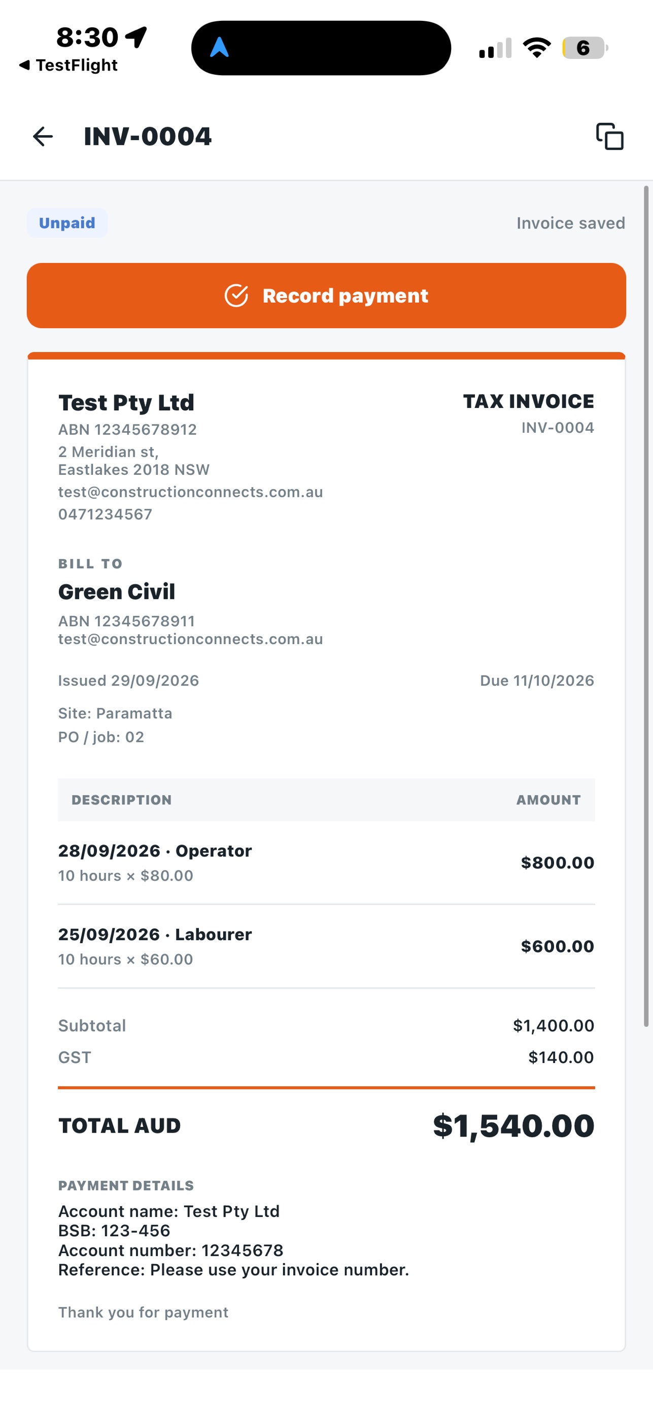 Screenshot 3 of Construction Connects Invoice