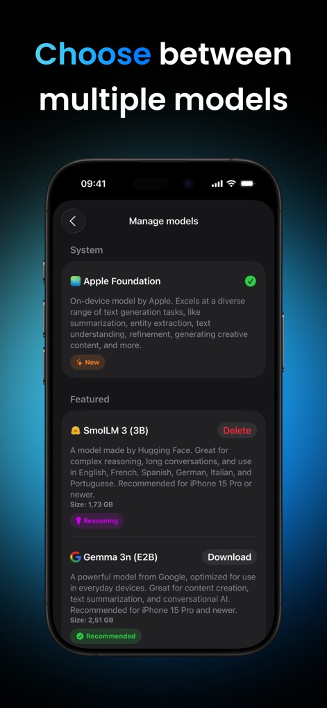 Locally AI - Local AI Chat - The app offers extensive model flexibility, allowing users to "Manage models" and easily download or switch between options like the "Apple Foundation" model and "Gemma 3n (E2B)."