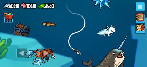 Catch and Feed - This scene showcases the rich underwater environment where players can explore with their fishing line, encountering diverse marine life such as lobsters and axolotls.