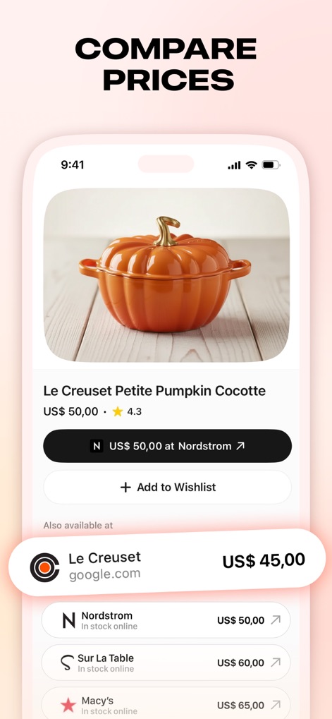 Listful - Wishlist & Shopping - The app empowers users to make informed decisions by displaying comparative prices from various retailers for desired items, such as the 'Nordstrom' and 'Macy's' options for the displayed product.