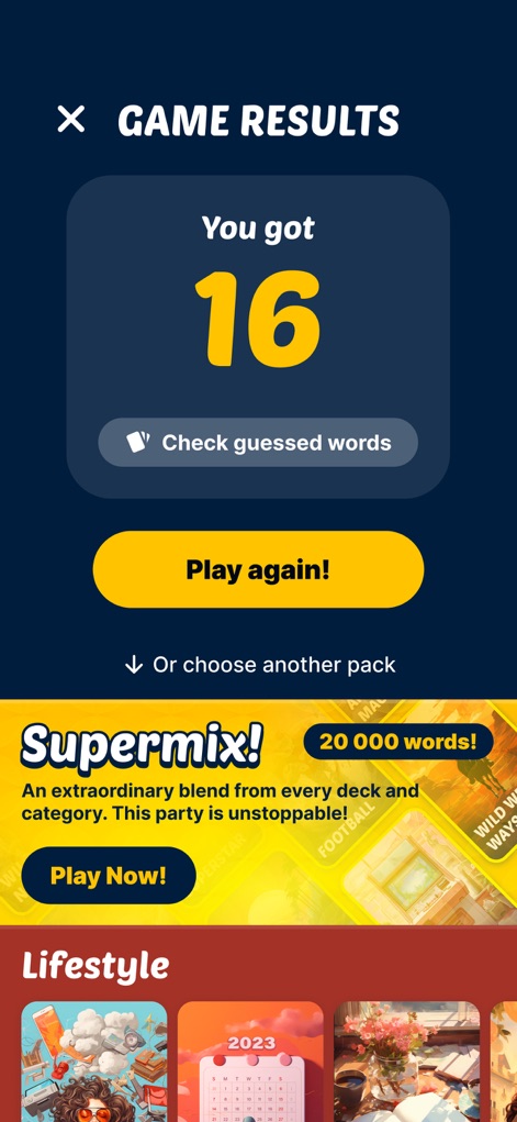 Headbands: Charades for Adults - Review the game's results, showcasing the total score achieved ("You got 16") and providing an option to "Check guessed words" for a detailed recap.