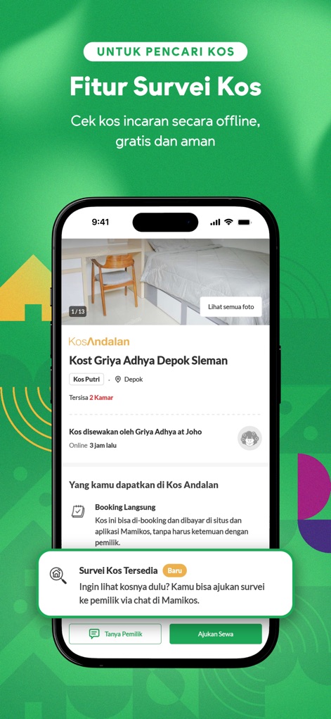 Mamikos-Cari & Sewa Kos Mudah - The app offers convenient direct booking and a dedicated "Survey Kos Tersedia" feature, enabling users to schedule in-person property visits effortlessly.