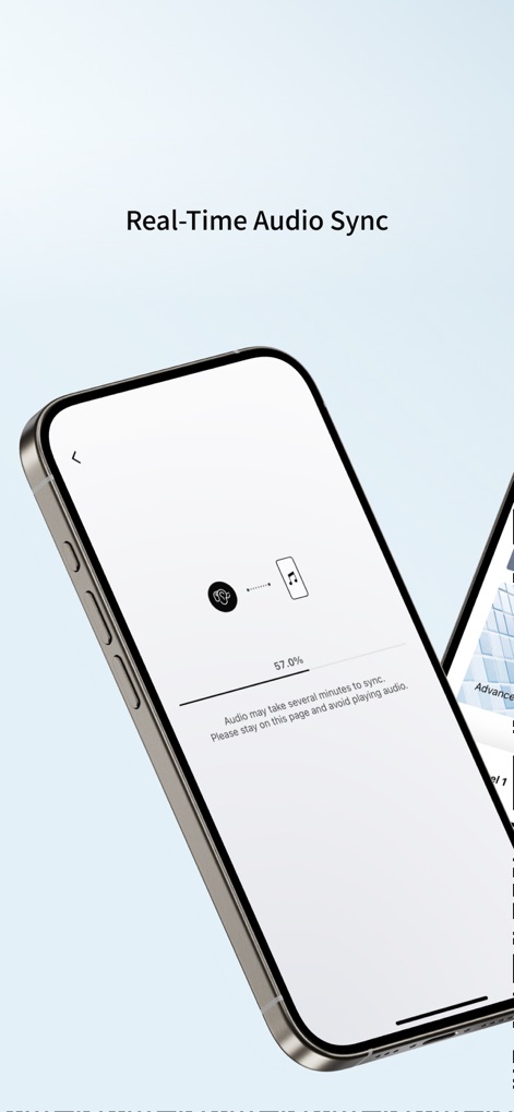 Shokz - Dieser Bildschirm demonstriert die Echtzeit-Audio-Synchronisationsfunktion, die den aktuellen Fortschritt mit einer 57%igen Anzeige und einem klaren Synchronisationssymbol zwischen Kopfhörern und Telefon visualisiert.