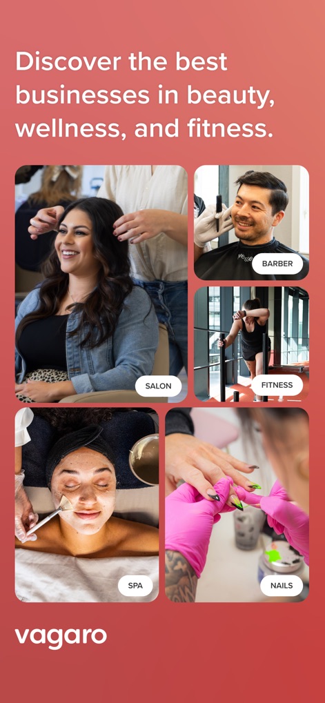 Vagaro - The app showcases an intuitive category selection with vibrant images and clear labels, allowing users to effortlessly find services like 'Salon' and 'Spa' offerings.