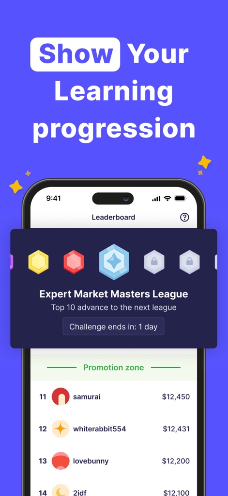 Finelo: Master Trading - Observe the app's 'Leaderboard' feature, showcasing user 'Learning progression' through competitive leagues and rank badges.