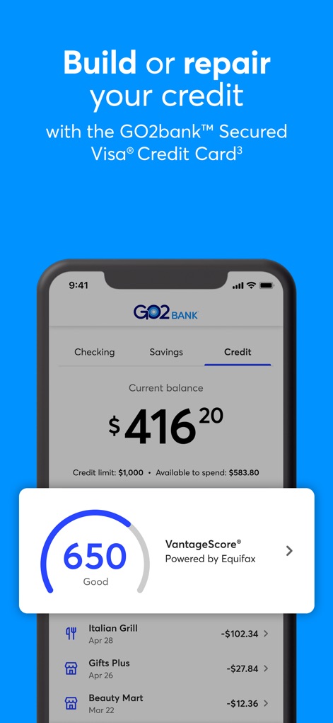 GO2bank: Mobile banking - This tool illustrates how users can track their credit activity, featuring a detailed current balance and a clear VantageScore® display.