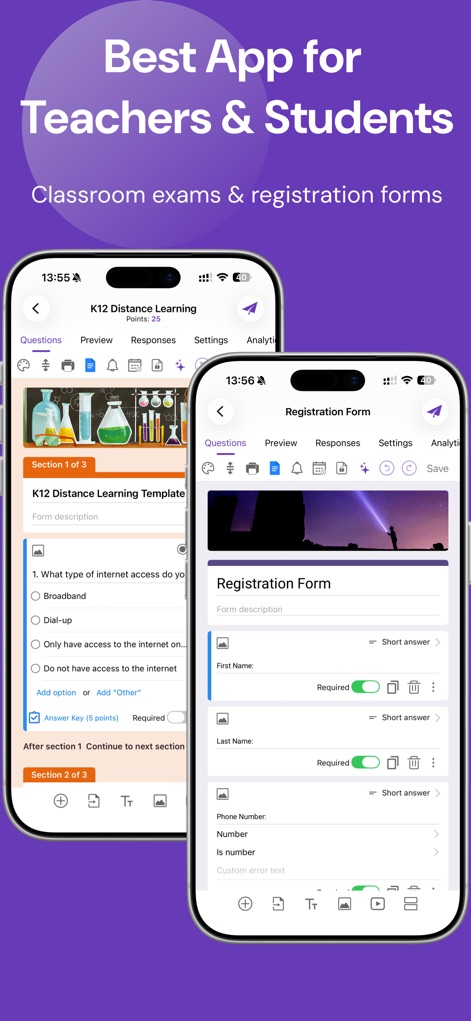 Forms for Google Drive - Se observan detalles específicos como la sección de "Answer Key" para evaluar y la estructura de un formulario de registro para alumnos.