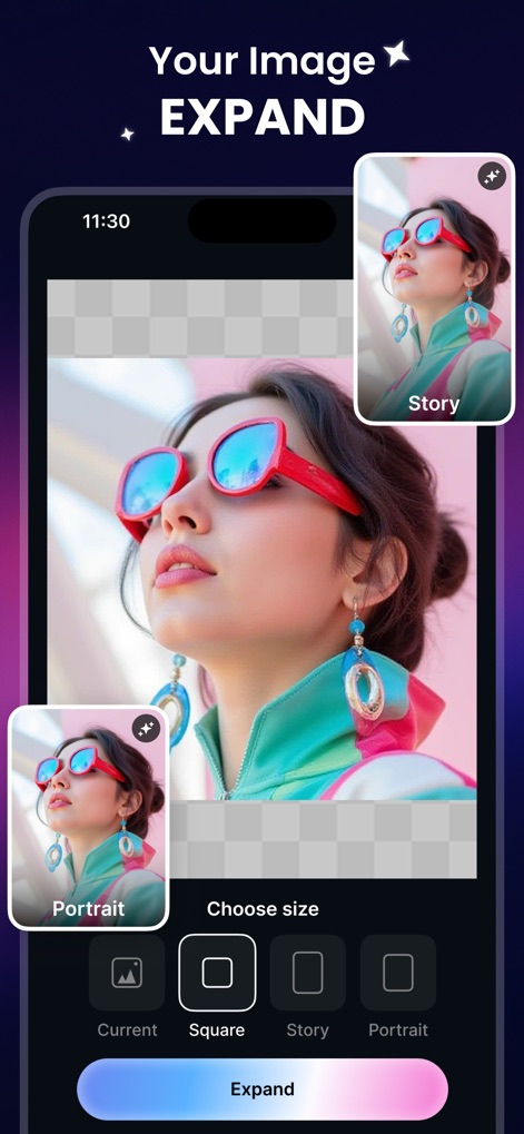 ReSnap: AI Photos & Edits - Les utilisateurs peuvent 'étendre leurs images' en un instant pour s'adapter à divers 'formats de recadrage prédéfinis' (Story, Portrait), tout en maintenant la composition originale.