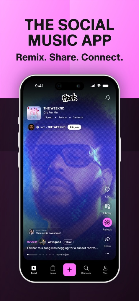 Hook - Remix & Mashup Maker - O feed social dinâmico do aplicativo exibe remixes populares, como o de THE WEEKND, e permite aos usuários interagir instantaneamente com botões de like e 'Rehook'.