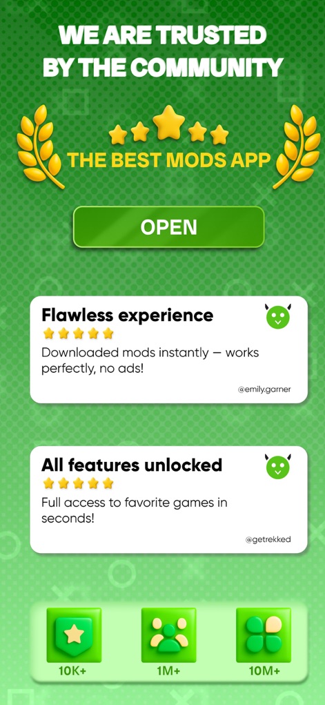 HapMod : Happy Game Mods - Users can explore positive testimonials such as "Flawless experience" and view impressive community metrics like "10M+" downloads, highlighting user satisfaction.