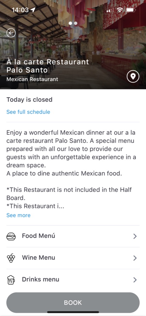 Barceló Hotel Group - Dieses Tool zeigt umfassende Restaurantinformationen, einschließlich einer detaillierten Beschreibung und direkten Links zu den Speise- und Getränkekarten.