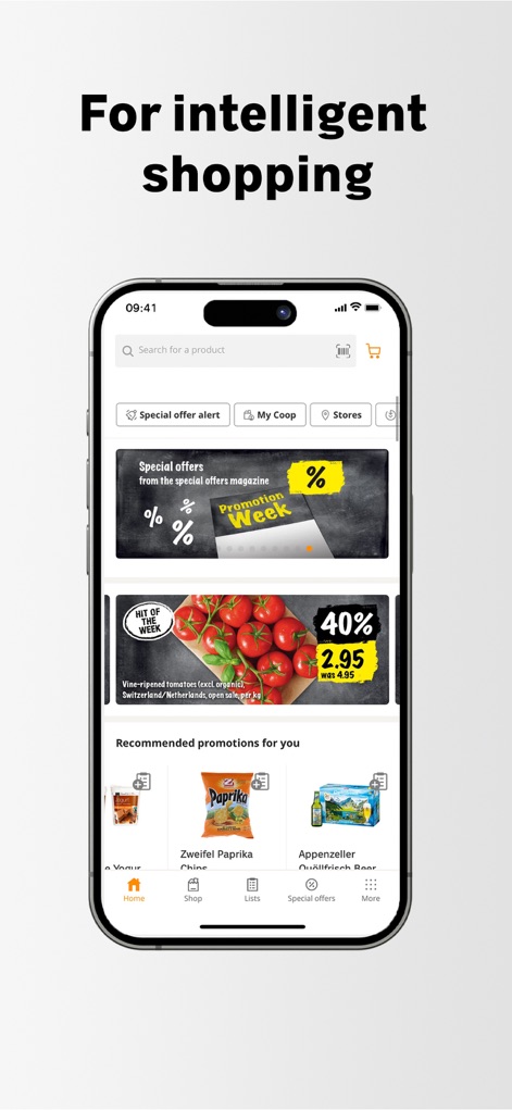 Coop supermarket - Die App präsentiert Nutzern aktuelle Rabattaktionen wie 40% auf "Weinreife Tomaten" und bietet einen schnellen Zugang zu personalisierten "Special offer alerts".