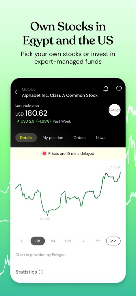 Thndr: Invest Your Money - L'app fornisce dati dettagliati su azioni globali come Alphabet Inc. (GOOGL), inclusi il prezzo attuale e le variazioni percentuali, insieme a un grafico dell'andamento storico su una settimana.