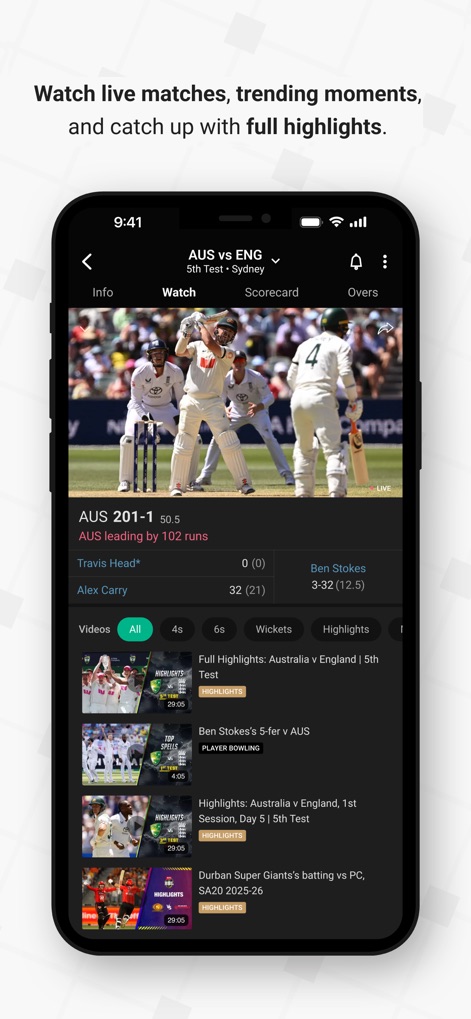 Willow - Watch Live Cricket - The app delivers a comprehensive live match view, displaying current player statistics and offering easy navigation between different highlights categories. Users can follow real-time game action with live scores and detailed stats.
