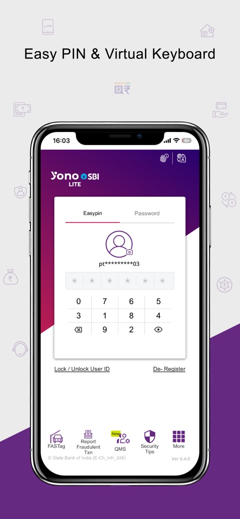 Yono Lite SBI - The app offers an Easy PIN login method, complemented by a virtual numeric keyboard for secure and straightforward access.