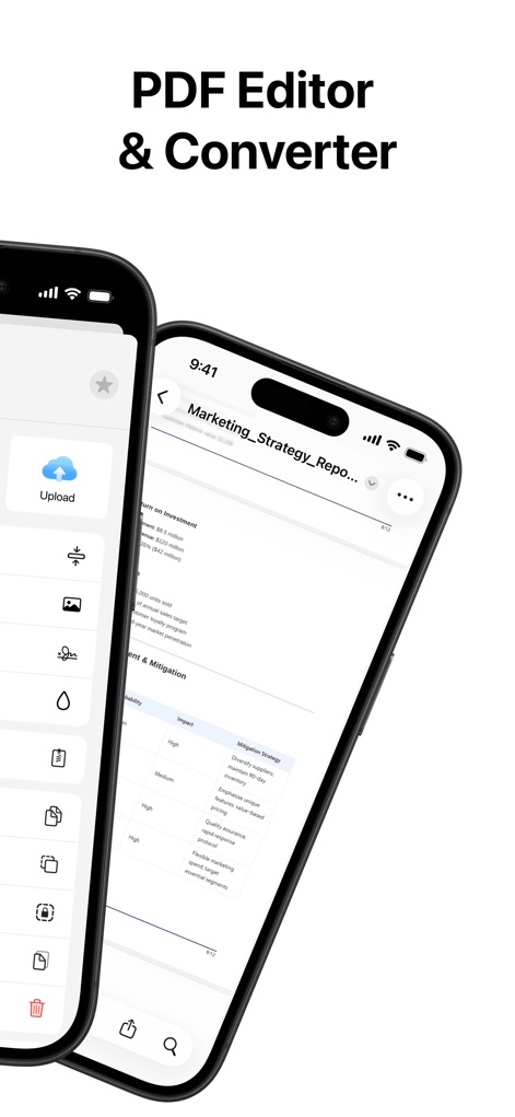 Zip & RAR & 7z File Extractor - This tool offers robust PDF editing capabilities, enabling users to view detailed documents like the "Marketing_Strategy_Report" and utilize various editing icons in the sidebar.