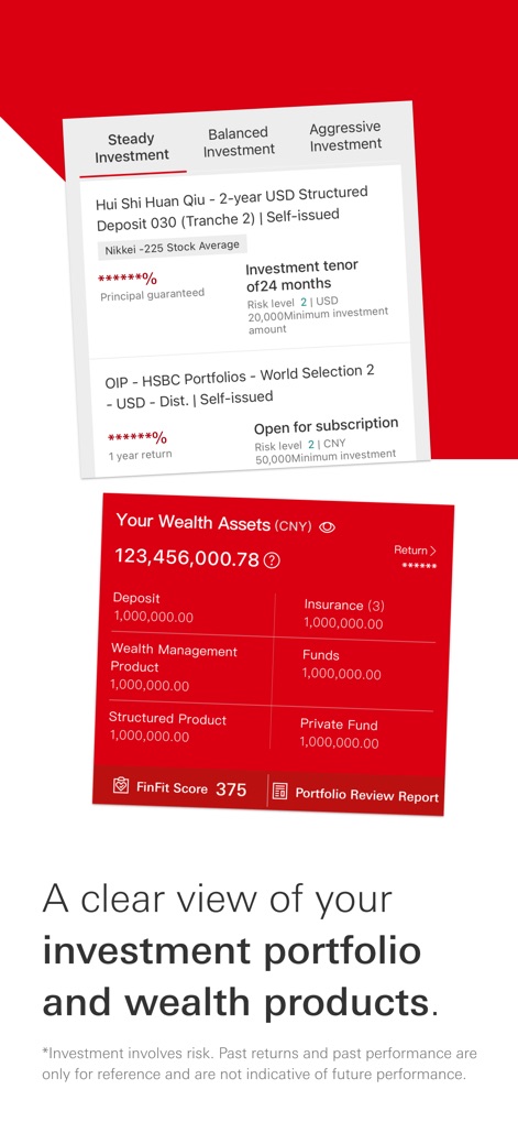 HSBC China - This tool presents a categorized overview of wealth assets, including deposits and various funds, alongside a "FinFit Score" for informed decision-making.