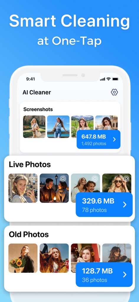 Smart Cleaner: AI Clean Up - Witness the app's intelligent AI categorization, automatically grouping diverse file types like 'Screenshots' and 'Live Photos' for targeted cleaning and enhanced organization.