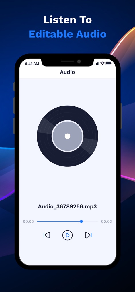 AI Voice Generator - Prankster - Users can 'Listen To Editable Audio' with a dedicated playback interface featuring clear play/pause controls and a visible progress bar for easy navigation within recordings.