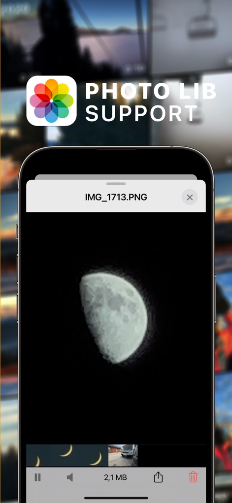 xZoom Cam - PRO Camera - The app offers seamless "PHOTO LIB SUPPORT", allowing users to effortlessly manage their captured media, as evidenced by the "moon image preview" and the "gallery thumbnail strip" at the bottom.