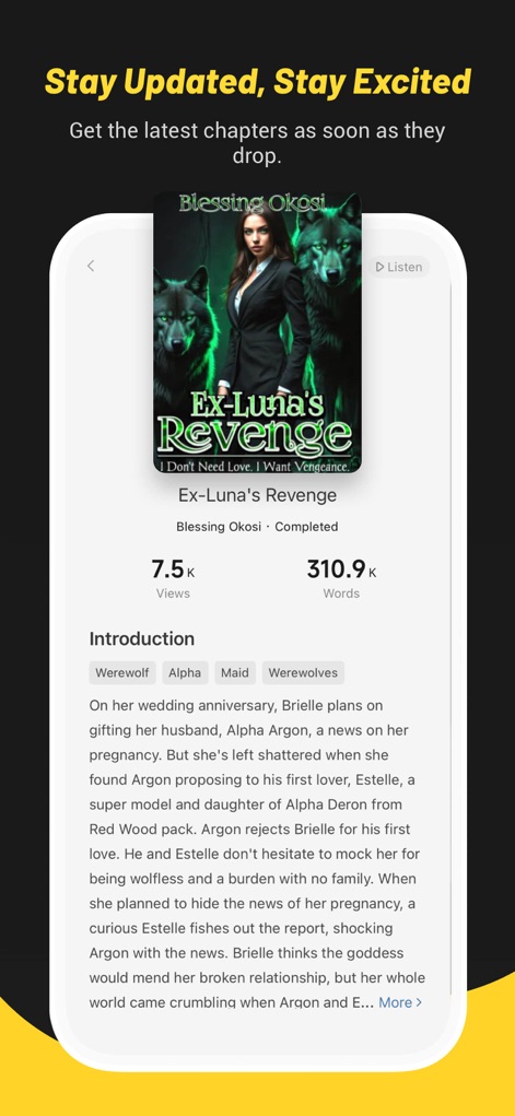 TapRead - Read Good Story - This view offers a detailed story preview, including tags like 'Werewolf' and 'Alpha' to instantly convey themes, alongside a prominent 'Listen' button for audio accessibility.