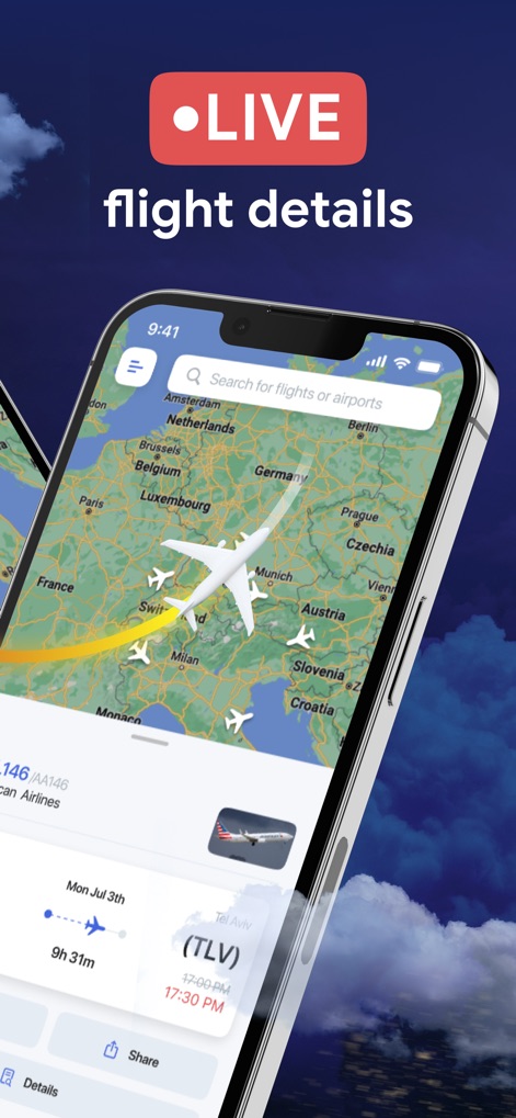 Flight Radar Airplane Tracker - 사용자는 특정 항공편을 선택하여 현재 상태와 함께 상세한 출발 및 도착 시간을 확인하고, 항공사 로고와 편명도 볼 수 있습니다.