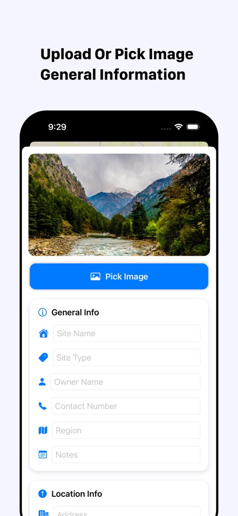 Natures GPS. - Users can effortlessly create new site profiles by uploading relevant images and inputting essential general information.