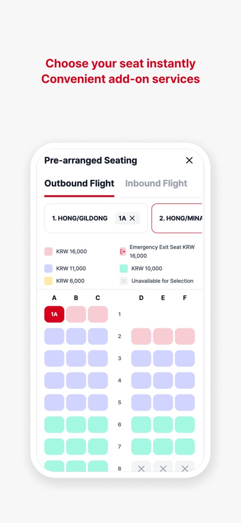 EastarJet - View the 'Pre-arranged Seating' chart, allowing users to visually select their desired seats, identified by distinct color codes for pricing and availability.