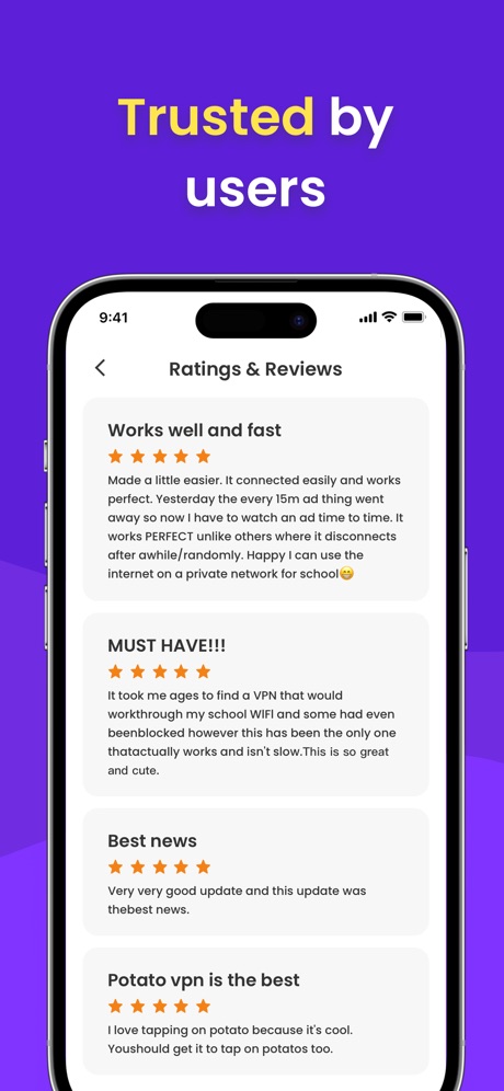 VPN - Free VPN Potato ™ App Store screenshot 5, headline “Trusted by users”. Star rating shown.