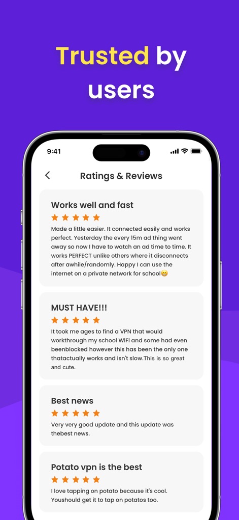 VPN - Free VPN Potato ™ - Discover the app's reliability through glowing 'Ratings & Reviews', demonstrating high user satisfaction and positive feedback.