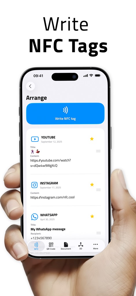 NFC.cool Tools Tag Reader - This tool empowers users to customize NFC tags, showcasing the "Arrange" screen for content organization and offering multiple social media and communication message types for varied applications.