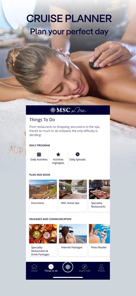 MSC for Me - このアプリは、ユーザーが「Daily Activities」などのアクティビティカテゴリから船内プログラムを検索し、専門レストランやドリンクパッケージなどのオプションを予約できることを示します。