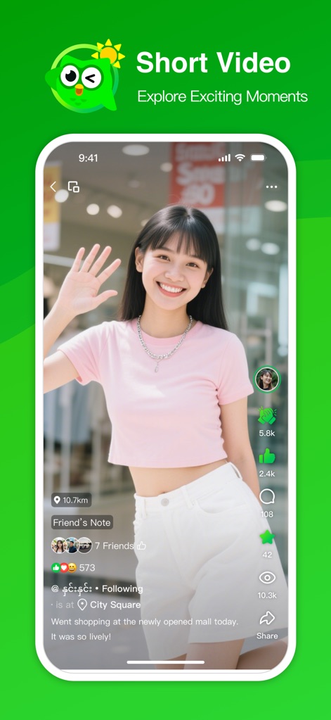 ZegoChat - Users can discover exciting moments through an engaging short video feed, complete with prominent like/comment/share buttons and community engagement metrics.